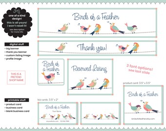 Custom Etsy Shop Design | Etsy Store Graphic Elements | Digital Customizable Shop Bundle Art | Birds Singing in a Row | Whimsical Theme