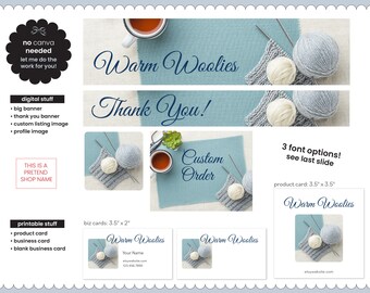 Custom Etsy Shop Design, Etsy Store Graphic Elements, Digital Customizable Shop Bundle Art | Knitting Crochet Theme Art, Yarn and Needles