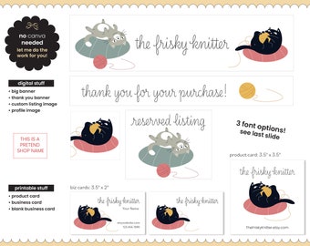 Custom Etsy Shop Design | Etsy Store Graphic Elements | Digital Customizable Shop Bundle Art | Knitting Crochet Theme Art | Cats Kittens