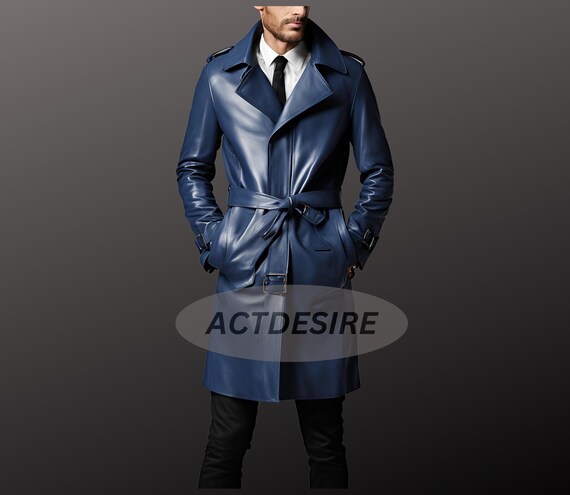 Blue leather trench coat discount