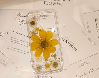 Coque pour iPhone avec fleurs de chrysanthème jaunes séchées - Coque de portable fleurie d'été, cadeau de fête des mères