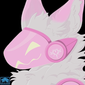 May include: Digital illustration of a stylized character's head. The character has a pink visor with a yellow smile, pink ears, and white fur. A pink circular emblem with a white heart design is on the side.
