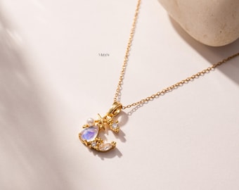 18K Gold Plated Crescent Moon Necklace, Celestial Pendant, Waterproof, Hypoallergenic
