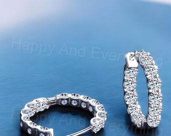 Moissanite Hoop Earrings: 925 Sterling Silver, 18k White Gold Plated