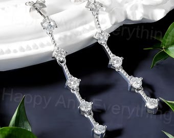 Moissanite Tassel Earrings, Platinum Plated 925 Sterling Silver Dangle Drop, 1ct