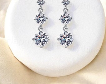 Moissanite Drop Earrings: 925 Sterling Silver, Platinum Gold Plated