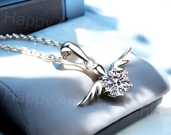 Moissanite Angel Wings Necklace: 925 Sterling Silver, 18k White Gold Plated