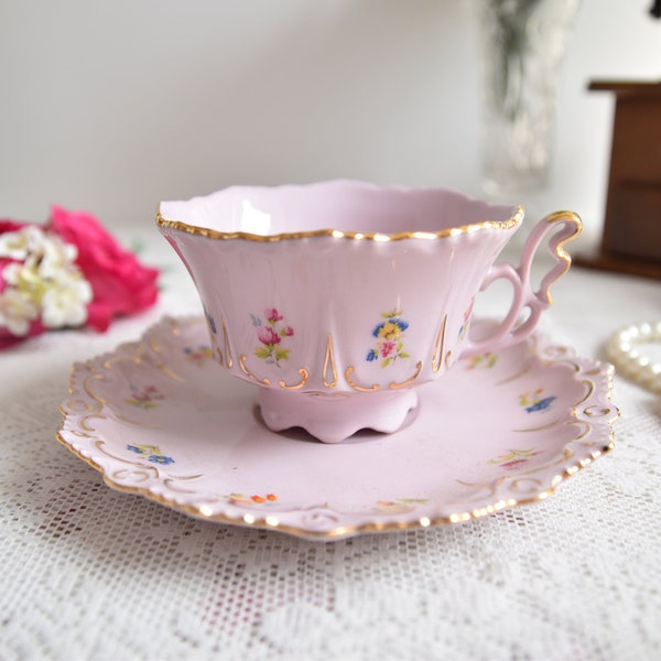 Pink Porcelain Antique Tea Cups and Saucers Gold, Vintage Pink Teacup and Saucer, Pretty Tea Cups and Saucers, Vintage Gift for Tea Lovers
