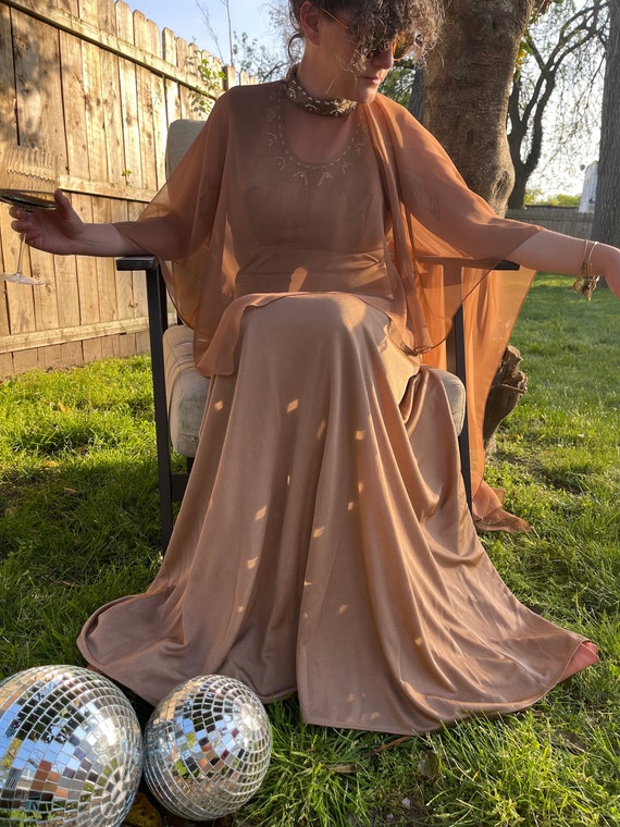 Rust / Brown Beaded 2-piece Maxi Dress With Sheer Cape - Etsy