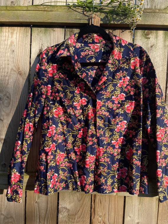 Blue with hot pink floral print long sleeve shirt