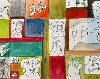 May include: Abstract watercolor painting with a grid-like composition. The artwork features various geometric shapes, faces, and organic forms in a palette of green, red, blue, and orange. The artist's signature and the year 2021 are visible.