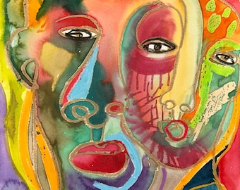 May include: Abstract watercolor painting of two faces, featuring a vibrant palette of colors. The artwork uses bold lines and shapes to depict facial features, with red, blue, green, and yellow hues dominating the composition. Gold outlines define the forms.