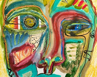 May include: Abstract watercolor painting of a face with bold lines and vibrant colors. The artwork features a yellow background with a face in shades of green, blue, red, and yellow. The eyes are a focal point, with intricate details.