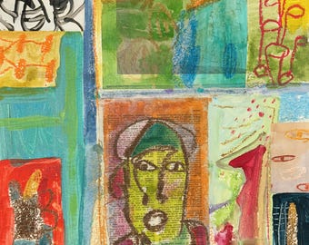 May include: Abstract mixed media artwork with a collage of colorful squares. The artwork features a central portrait with a green face and a hat, surrounded by various shapes and colors, including red, blue, and orange. The background includes text.