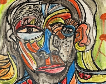 May include: Abstract portrait painting with bold lines and vibrant colors. The artwork features a face with a blue nose, red lips, and a yellow earring. The background is a mix of green and orange, with red dots.