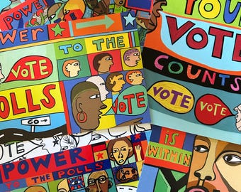 Puede incluir: Una obra de arte vibrante y colorida con múltiples paneles con la palabra "VOTE" y frases como "Power to the Polls" y "Your Vote Counts". La obra presenta retratos estilizados y tipografía audaz en una variedad de colores.