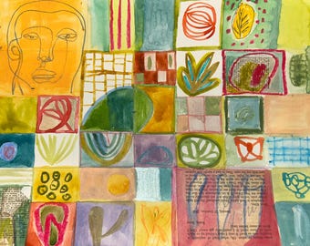 May include: Abstract watercolor painting with a grid of colorful squares. The artwork features a face outline, geometric shapes, and text fragments. Colors include orange, green, blue, red, and yellow.