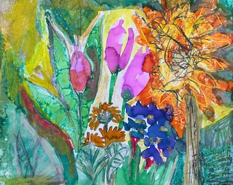 May include: A vibrant watercolor painting featuring a collection of stylized flowers in shades of pink, orange, yellow, and blue. The composition includes large green leaves, a prominent orange sunflower-like bloom, and delicate pink tulip-like buds.
