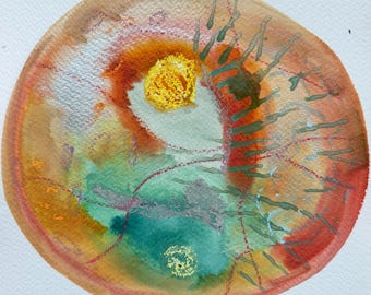 May include: A circular watercolor painting featuring a vibrant blend of orange, red, and teal pigments. The composition includes a textured yellow center, delicate dark green linear strokes, and subtle silver metallic accents throughout the piece.