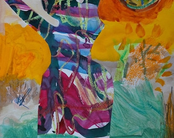 May include: Abstract painting with a silhouette of a person with raised arms, painted in shades of purple, green, and red. The background is a mix of yellow, orange, and green.