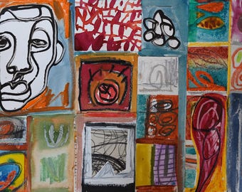 May include: Abstract collage artwork featuring a black and white line drawing of a face, red, orange, and yellow watercolor shapes, and black and white scribbles.