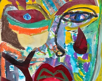 Original Handmade mixed media collage art of a face
