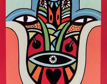 May include: Colorful Hamsa hand illustration with the words "HOPE PEACE" at the bottom. The hand features an eye, heart, and various geometric shapes in red, blue, green, and orange, set against a red background.