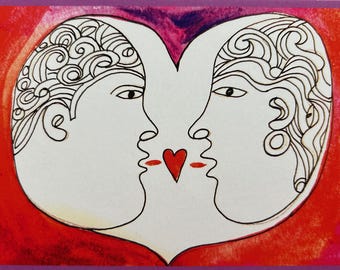 May include: A greeting card featuring a heart-shaped design with two faces in profile, kissing. The faces are outlined in black, with stylized hair. A red heart is between the lips. The background is red and purple.