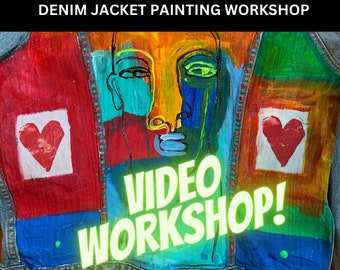 May include: A denim jacket painted with colorful abstract designs, including a face, hearts, and the words "VIDEO WORKSHOP!" in bright green letters.