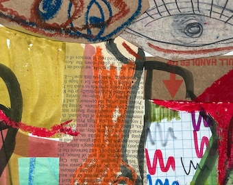 May include: A mixed media collage featuring layered paper elements, including text from a book, grid paper, and cardboard cutouts. The composition includes hand-drawn eyes in blue and black crayon, red scribbles, and abstract shapes in yellow and green.