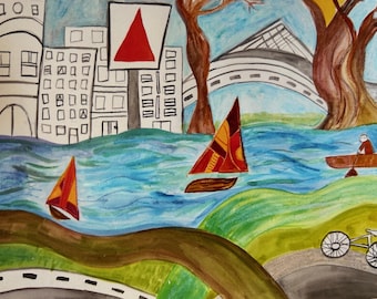 May include: A watercolor painting of a city scene with a red triangle sign, a bridge, trees, and two sailboats on a blue body of water. The painting has a whimsical and colorful style.