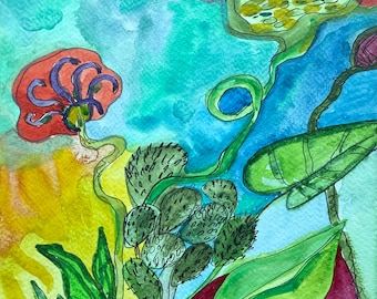 May include: A watercolor painting featuring a vibrant composition of stylized botanical elements. The artwork displays a red flower with purple petals, green spiky seed pods, and large green leaves against a blended blue and yellow background.