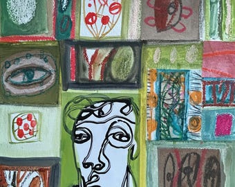 May include: Abstract art collage with a green, brown, and red color scheme. The collage features a variety of shapes and patterns, including circles, squares, and lines. A black and white line drawing of a person's face is in the center of the collage.