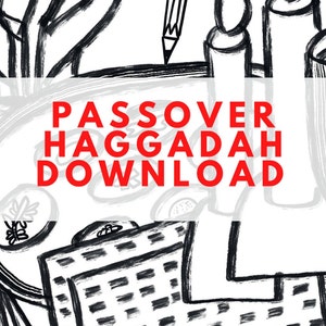 Puede incluir: Una ilustración en blanco y negro de un plato de Seder de Pascua con el texto "PASSOVER HAGGADAH DOWNLOAD" en rojo.