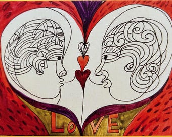 May include: A colorful illustration featuring two stylized faces facing each other, forming a heart shape. The artwork is outlined in black, with red and purple accents, and the word "LOVE" in orange.