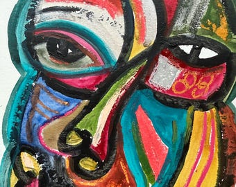 Original mixed media art of a colorful abstract face