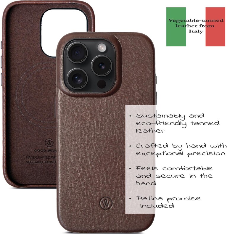 iPhone 16 Pro Leather Case | Handmade iPhone Cover | Metal Camera Ring & Button | Premium slim phone case with camera button image 4