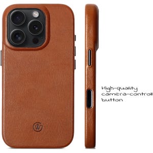 iPhone 16 Pro Leather Case | Handmade iPhone Cover | Metal Camera Ring & Button | Premium slim phone case with camera button image 3
