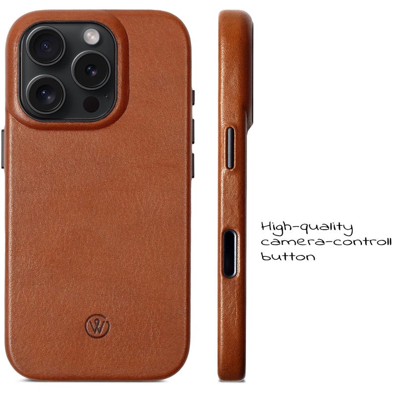 iPhone 16 Pro Leather Case | Handmade iPhone Cover | Metal Camera Ring & Button | Premium slim phone case with camera button image 3