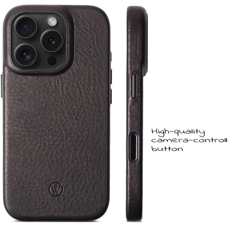 iPhone 16 Pro Leather Case | Handmade iPhone Cover | Metal Camera Ring & Button | Premium slim phone case with camera button image 8