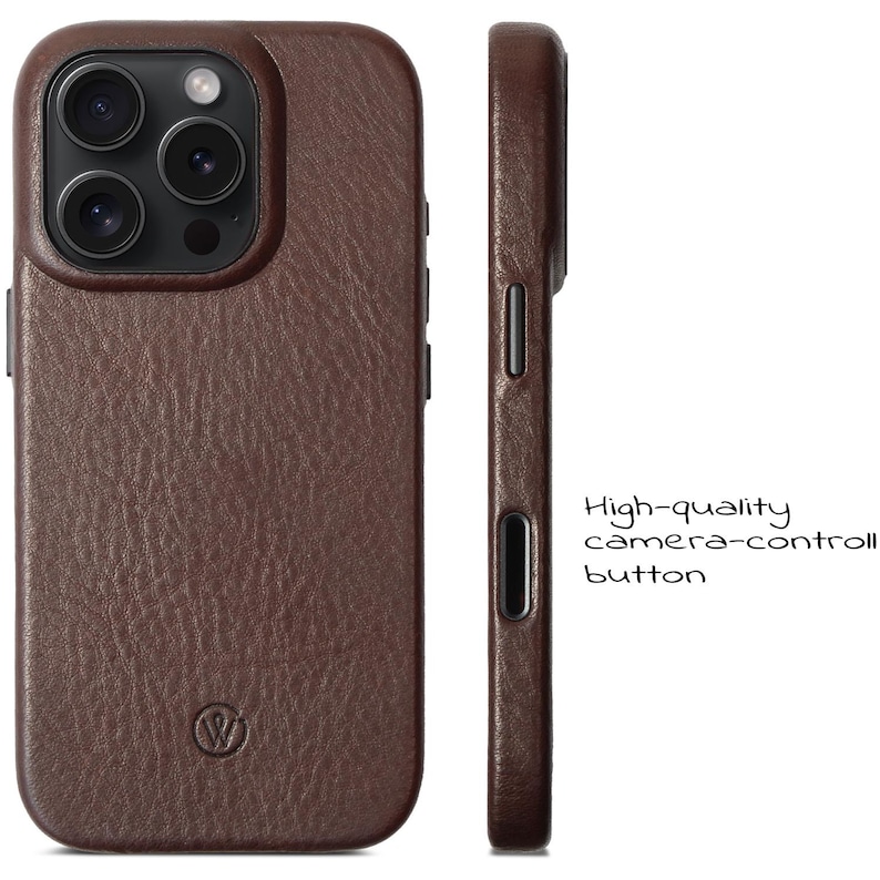 iPhone 16 Pro Leather Case | Handmade iPhone Cover | Metal Camera Ring & Button | Premium slim phone case with camera button image 5