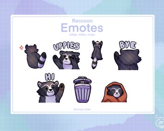May include: A set of eight raccoon emoticons with different expressions and poses. The emoticons are in a cartoon style and feature a raccoon with a black mask, gray fur, and a white belly. The emoticons include "uppies", "bye", "hi", and a raccoon in a trash can. The emoticons are set against a white background with the text "Raccoon Emotes" and "Shrimp's Stall" at the top and bottom of the image.