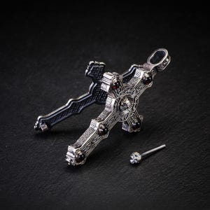 Chunky Silver Opening Cross Pendant Necklace, Gothic Pendant Skulls & Garnet Gemstone,Double Sided Christian Cross Necklace, 925 Cross Chain