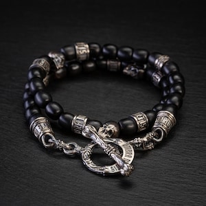 Buffalo Horn Mens Celtic Beaded Bracelet, Natural Bone Jewelry Gothic Bracelet Men, Bone Barrel Beads Bracelet with 925 Silver Skull Beads