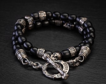 Buffalo Horn Mens Celtic Beaded Bracelet, Natural Bone Jewelry Gothic Bracelet Men, Bone Barrel Beads Bracelet with 925 Silver Skull Beads