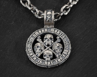 Sterling Silver Skull Pendant Necklace, Round Pendant Charm Chain Double Sided Goth Skull Pendant Gothic Necklace Chain Mens Jewelry Gift