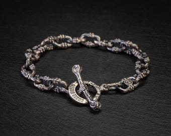 Gothic Viking Bracelet, Silver Skull Beads Chain Bracelet, Handmade Silver Mens Bracelet, Unique Gift for Men, Vintage Bracelet Goth Jewelry