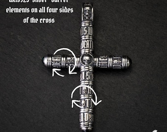 Silver Spinning Cross Necklace Pendant Emerald Gemstone, Rotating Jewelry Skull Gothic Cross Pendant, Oxidized Mens Christian Cross Gift