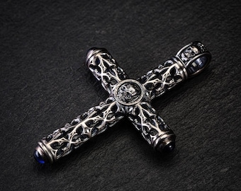 Gothic Silver Cross Pendant Sapphire Gemstone Medieval Cathedral Goth Cross with Skulls, Filigree Cross Necklace Mens Cross With Stones Gift