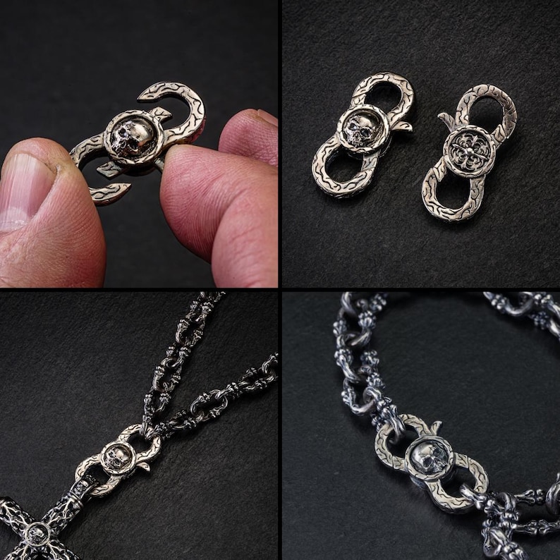May include: Silver metal jewellery components featuring skull and cross designs. The image shows a clasp, two clasps, and a necklace and bracelet with similar skull and cross details. The jewellery has a gothic or biker theme.
